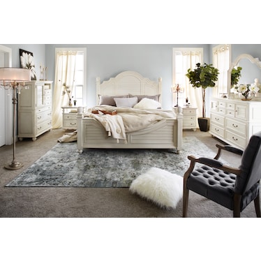 Charleston 6-Piece Queen Poster Bedroom Set with Nightstand, Dresser and Mirror - White