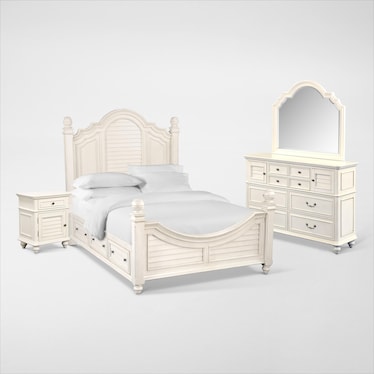 Charleston 6-Piece Poster Bedroom Set with 4 Underbed Drawers, Nightstand, Dresser and Mirror