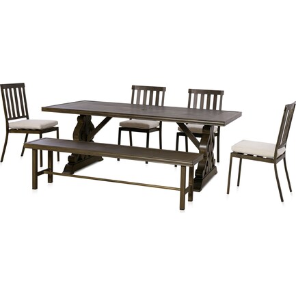 Charthouse Outdoor Dining Table, 4 Slat-Back Chairs and Bench