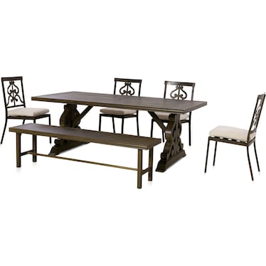 Charthouse Outdoor Dining Table, 4 Scroll-Back Chairs and Bench