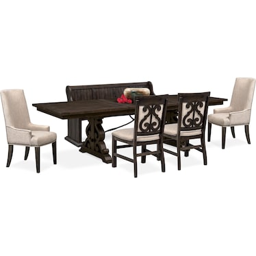 Charthouse Rectangular Extendable Dining Table, 2 Host Chairs, 2 Upholstered Dining Chairs and Bench