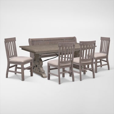 Charthouse Rectangular Extendable Dining Table, 4 Side Chairs and Bench