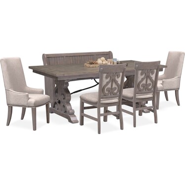 Charthouse Rectangular Dining Table, 2 Host Chairs, 2 Upholstered Dining Chairs and Bench - Gray