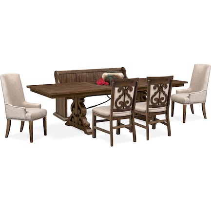 Charthouse Rectangular Dining Table, 2 Host Chairs, 2 Upholstered Dining Chairs and Bench - Nutmeg