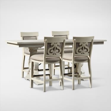 Charthouse Counter-Height Dining Table and 4 Upholstered Stools - Alabaster