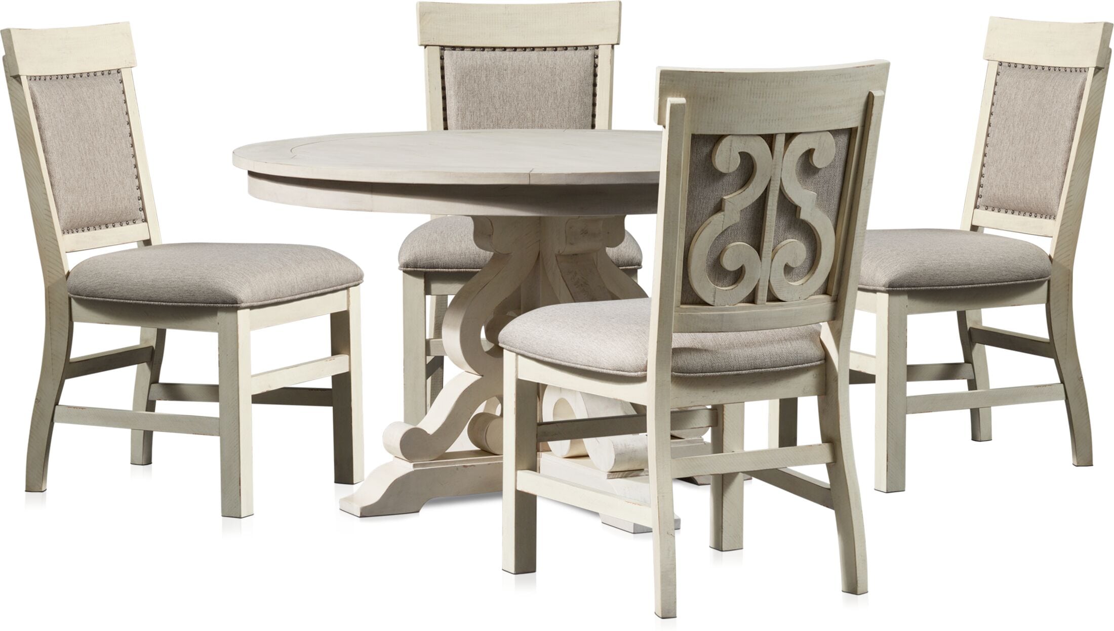 charthouse round dining table and 4 upholstered side chairs