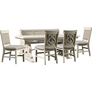 Charthouse Rectangular Dining Table, 4 Upholstered Side Chairs and Bench