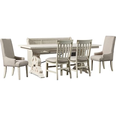 Charthouse Rectangular Dining Table, 2 Host Chairs, 2 Dining Chairs and Bench