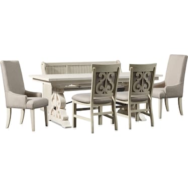 Charthouse Rectangular Dining Table, 2 Host Chairs, 2 Upholstered Dining Chairs and Bench