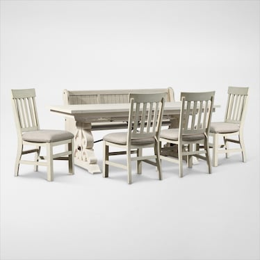 Charthouse Rectangular Extendable Dining Table 4 Dining Chairs and Bench - Alabaster