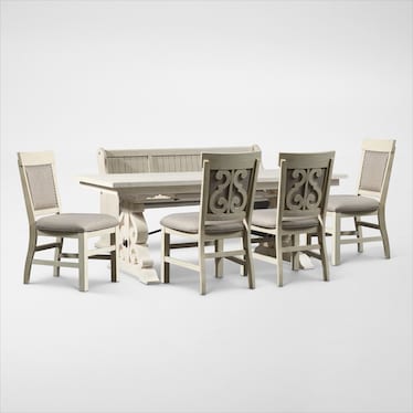 Charthouse Rectangular Extendable Dining Table, 4 Upholstered Dining Chairs and Bench - Alabaster