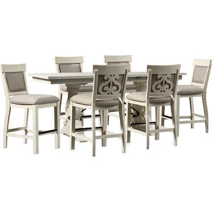 Charthouse Counter-Height Dining Table and 6 Upholstered Stools - Alabaster