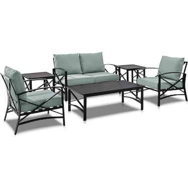 Clarion Outdoor Loveseat, 2 Chairs, Coffee Table and 2 End Tables Set - Mist/Bronze