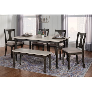 Clayes Dining Table, 4 Chairs and Bench