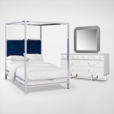 Concerto 5-Piece Queen Canopy Bedroom Set with Dresser and Mirror - Blue Velvet
