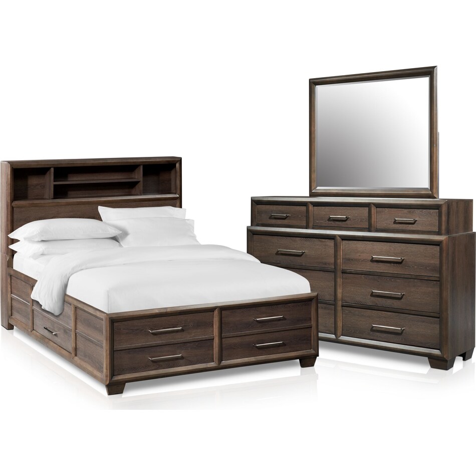 Dakota 5Piece Bookcase Storage Bedroom Set with Dresser and Mirror