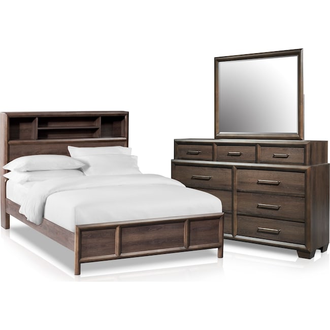 Bedroom Furniture - Dakota 5-Piece Bookcase Bedroom Set with Dresser and Mirror
