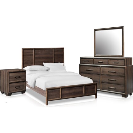 Dakota 6-Piece Queen Panel Bedroom Set with Nightstand, Dresser and Mirror