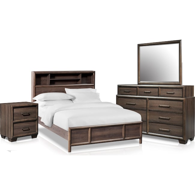 Bedroom Furniture - Dakota 6-Piece Bookcase Bedroom Set with Nightstand, Dresser and Mirror