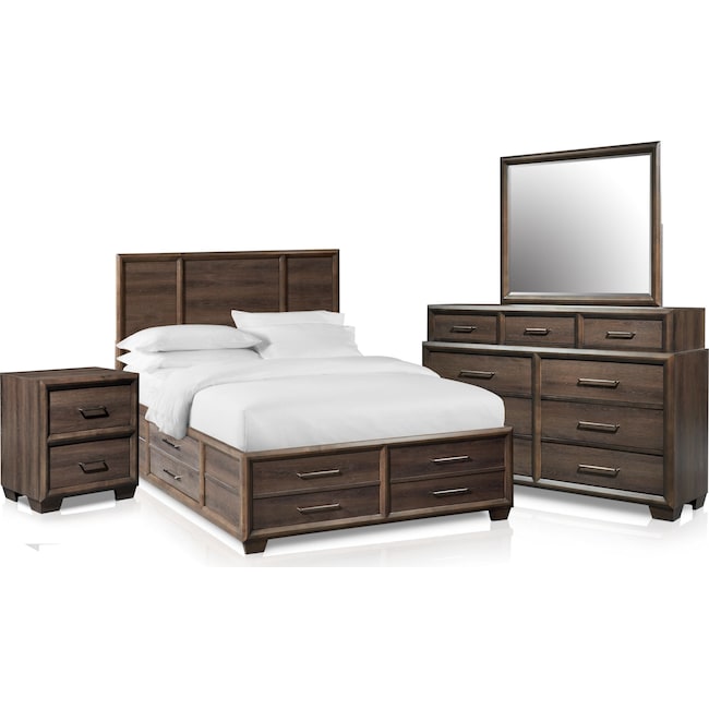 Bedroom Furniture - Dakota 6-Piece Panel Storage Bedroom Set with Nightstand, Dresser and Mirror