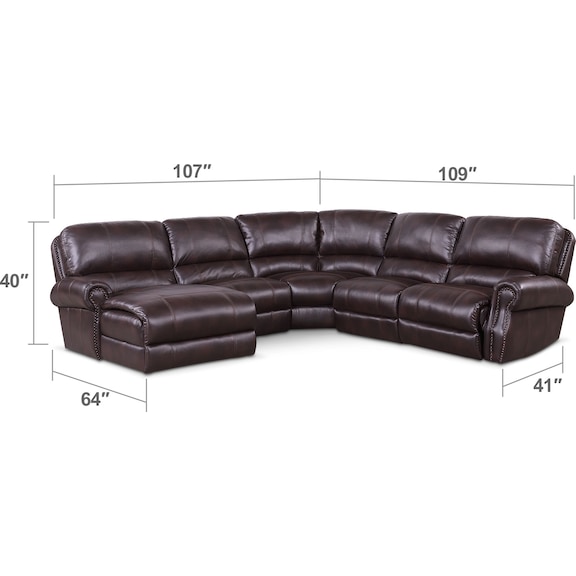 Living Room Furniture - Dartmouth 5-Piece Dual-Power Reclining Sectional with Chaise and 1 Reclining Seat