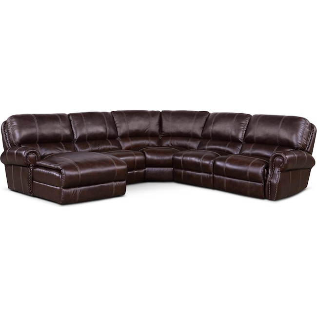 Living Room Furniture - Dartmouth 5-Piece Dual-Power Reclining Sectional with Chaise and 1 Reclining Seat