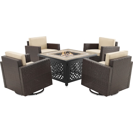 Deluz Set of 4 Outdoor Swivel Chairs and Fire Table Set - Sand