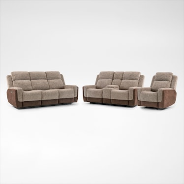 Desmond Dual-Power Reclining Sofa, Loveseat with Console and Recliner Set