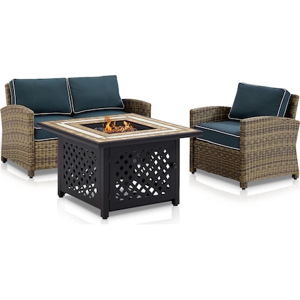 Destin Outdoor Loveseat, Chair and Fire Table Set - Navy