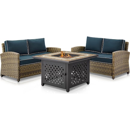 Destin Set of 2 Outdoor Loveseats and Fire Table - Navy