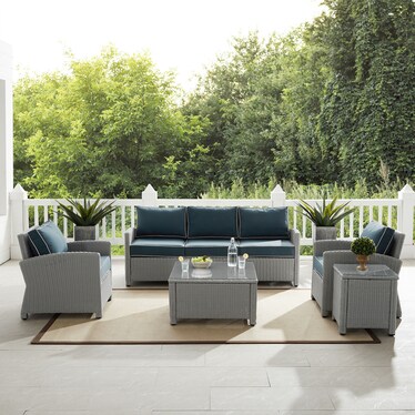Destin Outdoor Loveseat, 2 Chairs, Rectangular Coffee Table and End Table Set - Navy/Gray