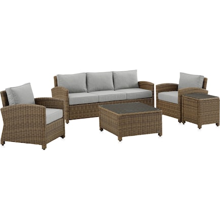 Destin Outdoor Loveseat, 2 Chairs, Rectangular Coffee Table and End Table Set - Gray/Brown