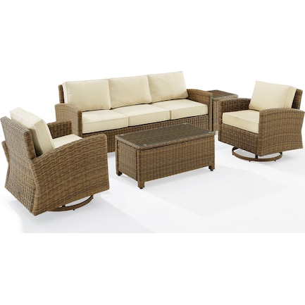 Destin Outdoor Sofa, 2 Swivel rockers, End Table and Coffee Table Set - Sand/Brown