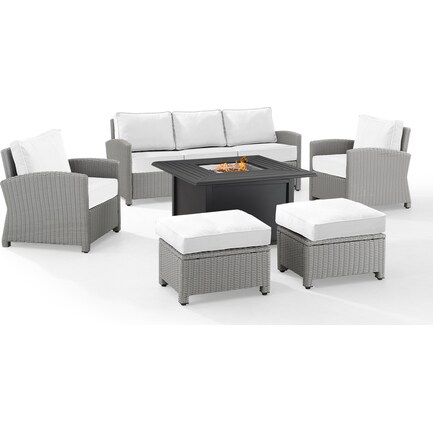 Destin Outdoor Sofa, Fire Table, 2 Chairs and 2 Ottomans Set - White/Gray