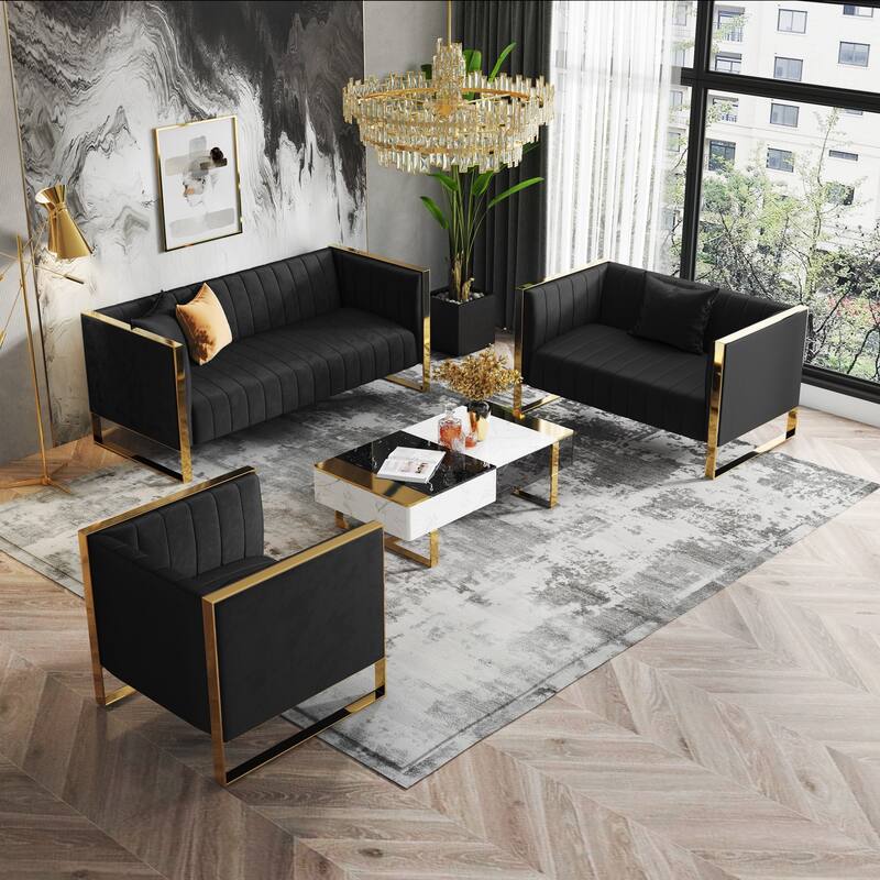 Dobrev Sofa and Set of 2 Chairs Black/Rose Gold Value City Furniture