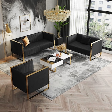 Dobrev Sofa, Loveseat and Chair - Black/Rose Gold