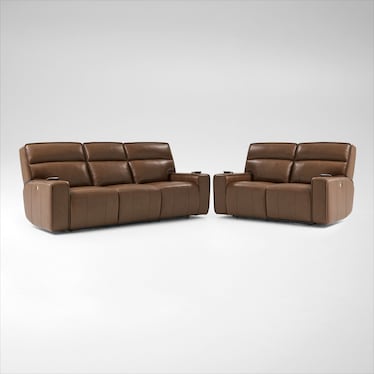 Everest Triple-Power Reclining Sofa and Loveseat Set - Brown