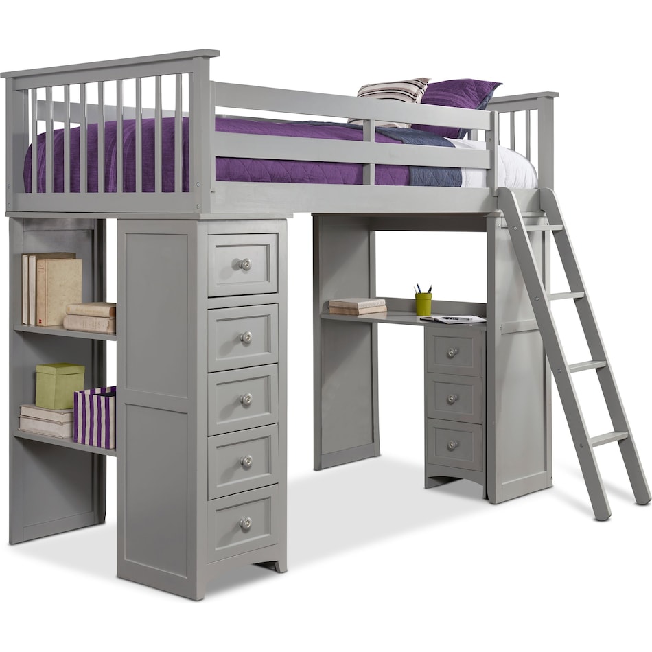 flynn youth gray twin loft bed with desk and chest   