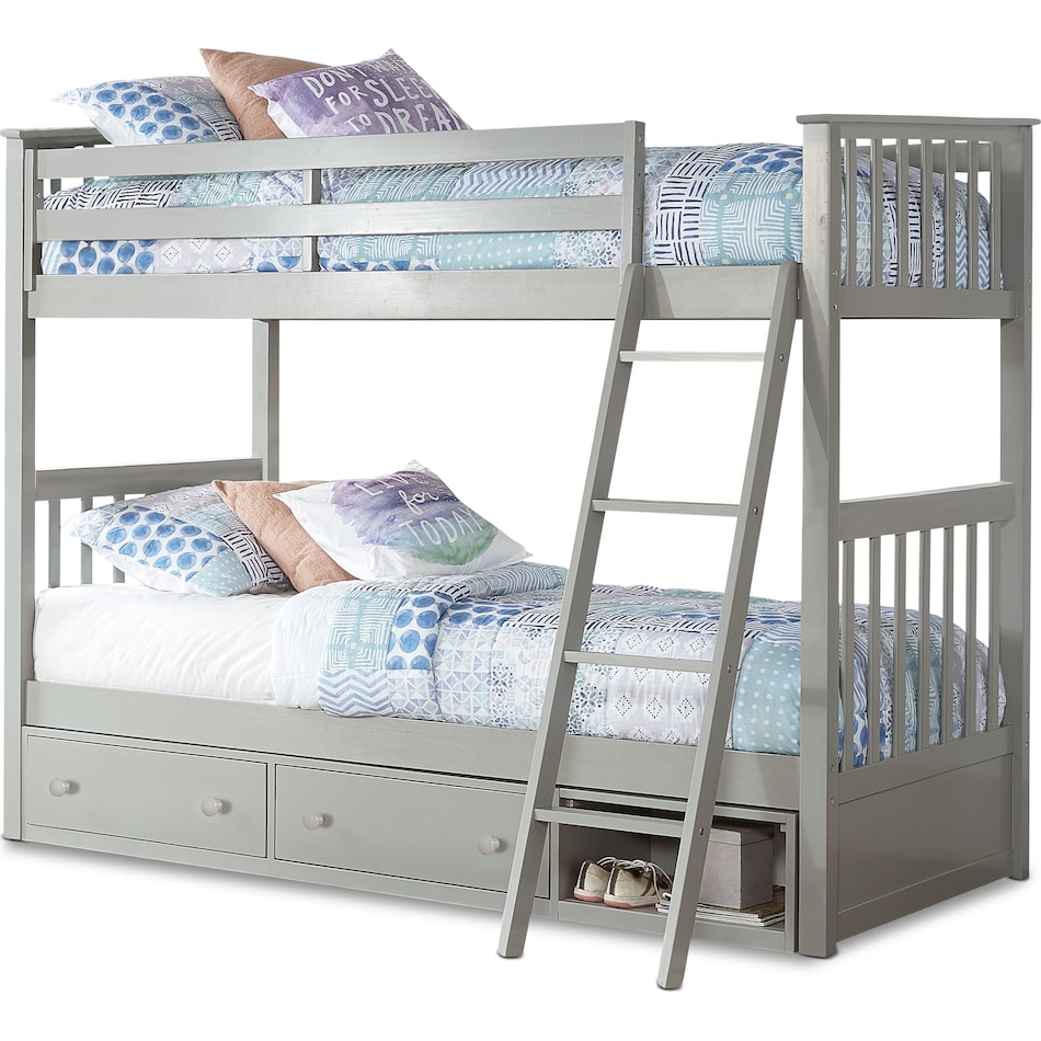 flynn youth gray twin over twin bunk bed with drawer storage   