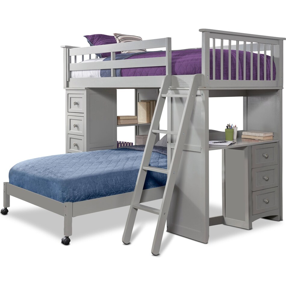flynn youth gray twin over twin loft bed with desk and chest   