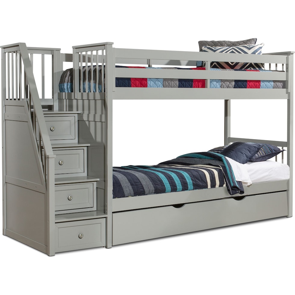 flynn youth gray twin over twin stair bunk bed with trundle   