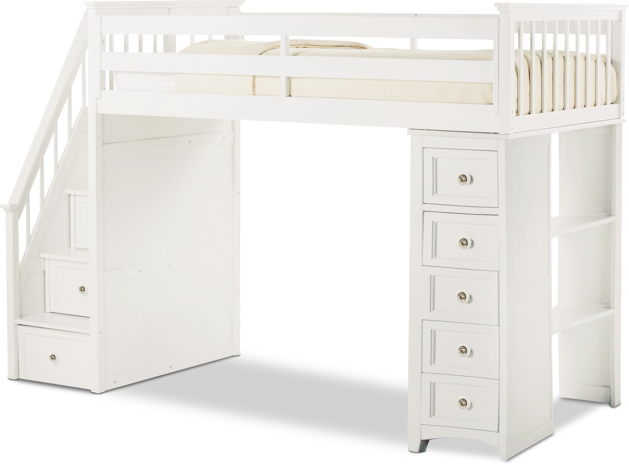 white twin loft bed with stairs