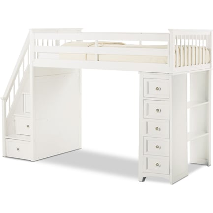 Flynn Twin Loft Bed with Storage Stairs and Chest - White