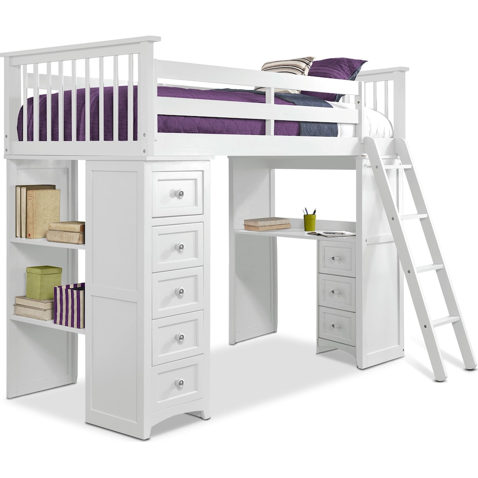 flynn youth white twin loft bed with desk and chest   