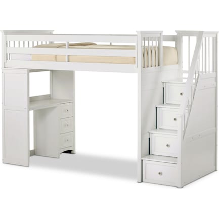 Flynn Loft Bed With Storage Stairs And, Twin Loft Bed With Storage And Desk