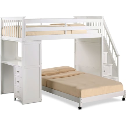 Flynn Twin over Full Loft Bed with Storage Stairs and Desk - White