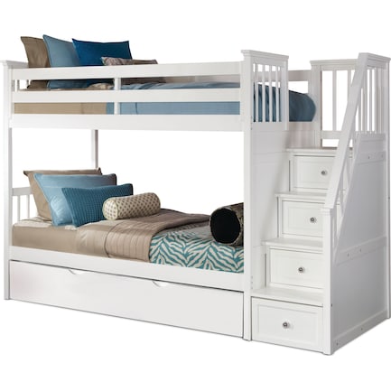 Flynn Twin over Twin Trundle Bunk Bed with Storage Stairs - White