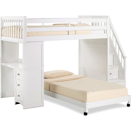 Flynn Twin over Twin Loft Bed with Storage Stairs and Desk - White
