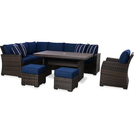 Geneva Outdoor Dining Table, Sectional, Arm Chair and 2 Ottomans - Brown/Navy