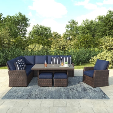 Geneva Outdoor Dining Table, Sectional, Arm Chair and 2 Ottomans - Brown/Navy